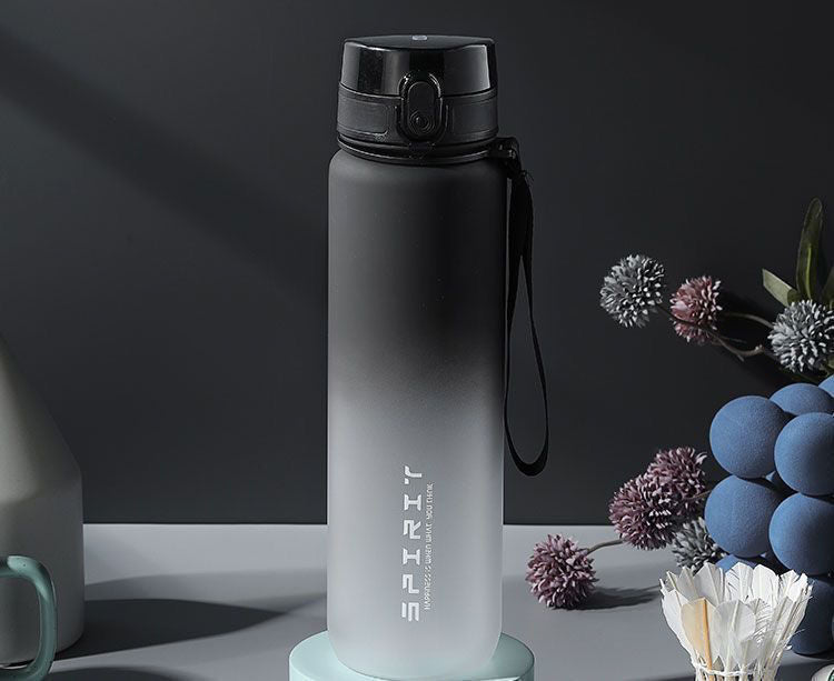 IBG large sports water bottle, 500ml or 1000ml capacity, fitness and outdoor use, black plastic with screw-top lid