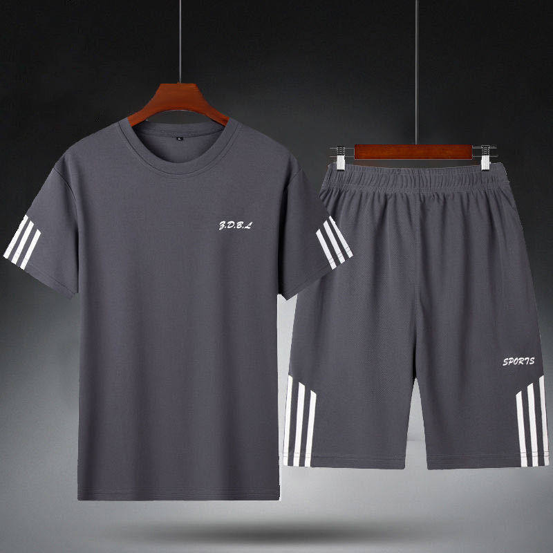 IBG men's quick-dry sports T-shirt and training shorts set for fitness and outdoor activities, displayed in a casual pose.