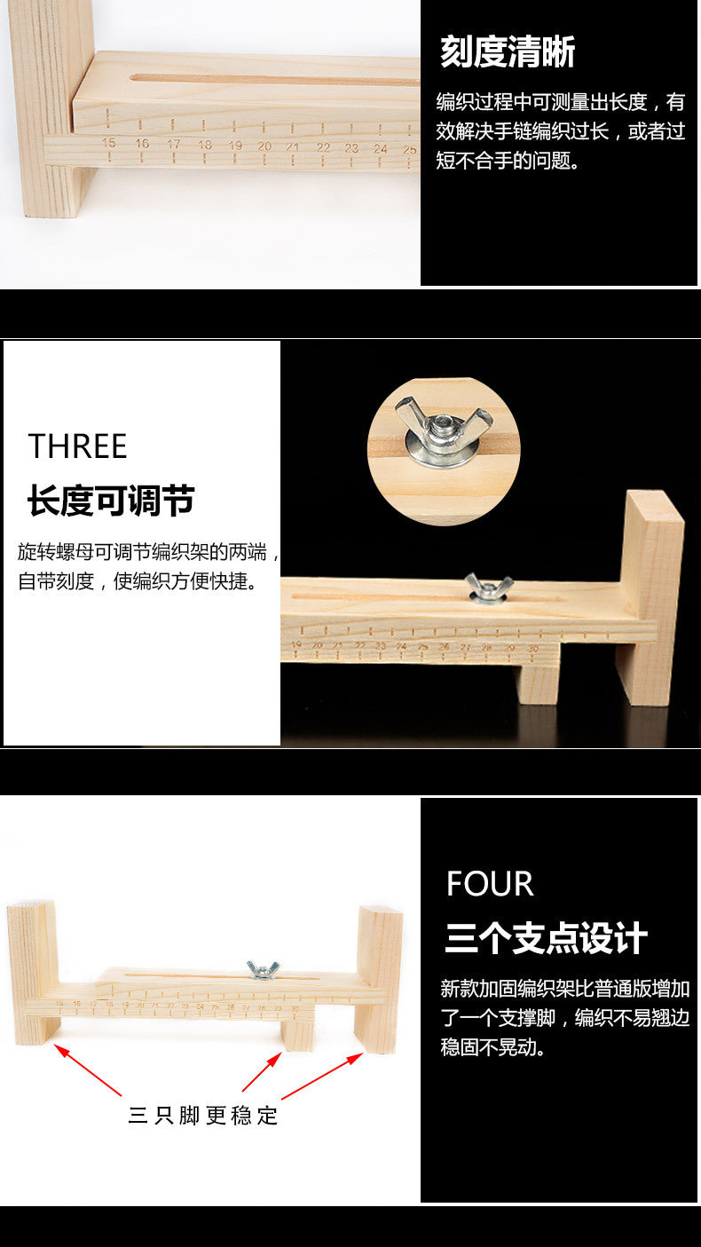 Wooden bracelet weaving stand by IBG, a DIY jewelry tool for creating woven bracelets and accessories.