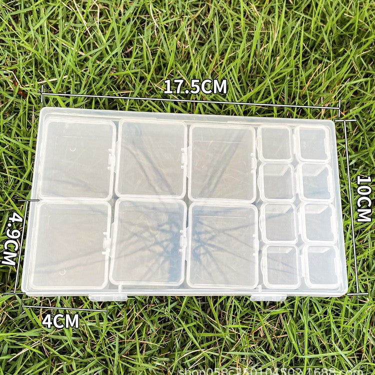 Transparent IBG jewelry storage box with multiple compartments for organizing rings, necklaces, and small accessories.