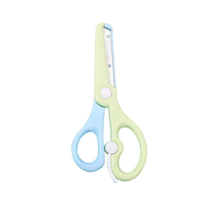 Kids safety scissors in pastel macaron colors with rounded blades, ideal for children and school craft projects.