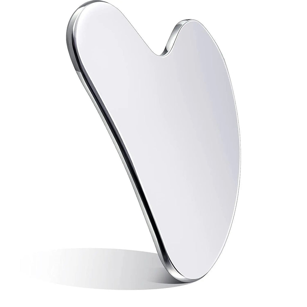 IBG stainless steel Gua Sha massage tool for facial and body skincare, featuring smooth, polished surface for gentle massage.