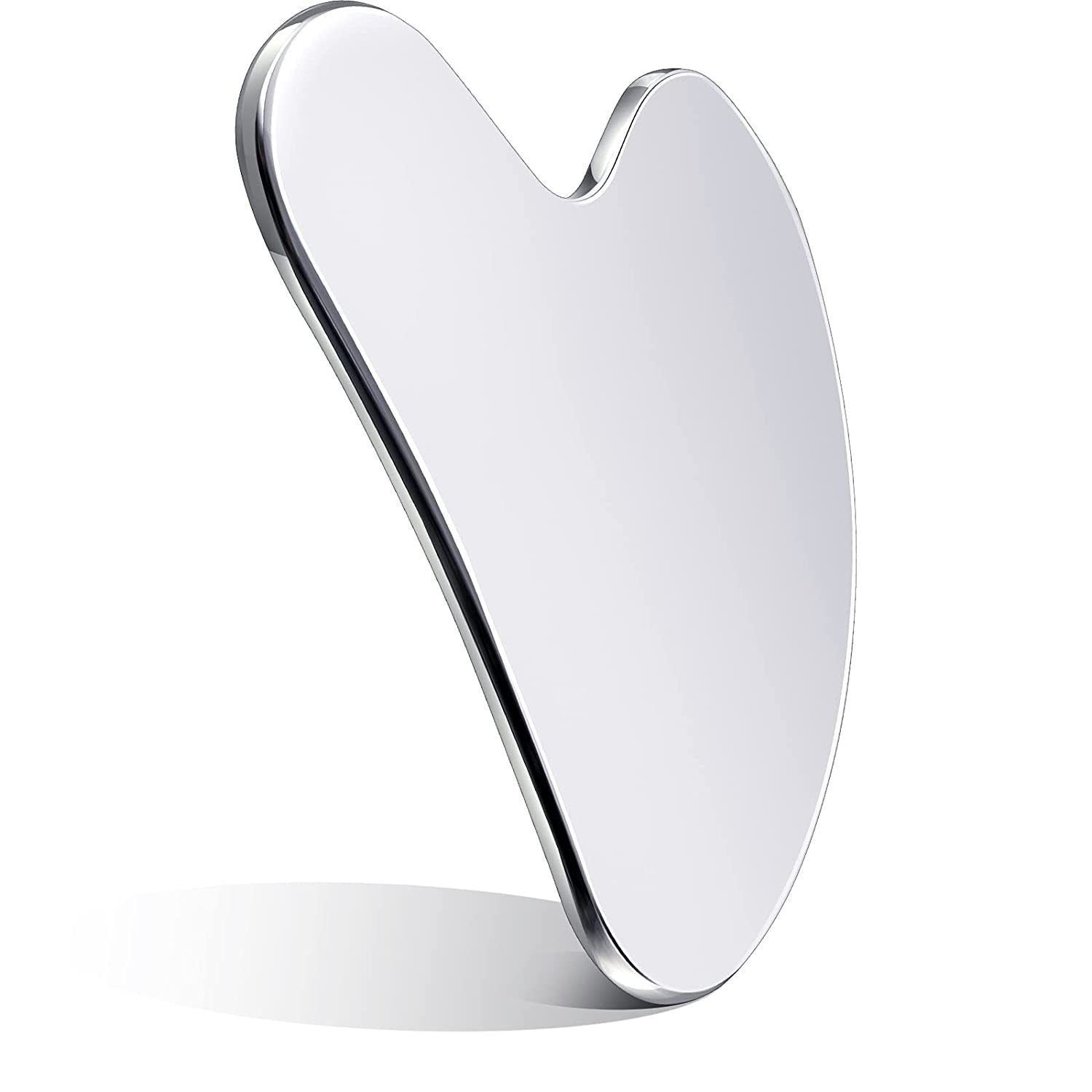 IBG stainless steel Gua Sha massage tool for facial and body skincare, featuring smooth, polished surface for gentle massage.