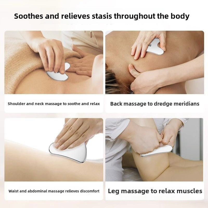 IBG stainless steel Gua Sha massage tool for facial and body massage, featuring smooth, polished surface for skincare.