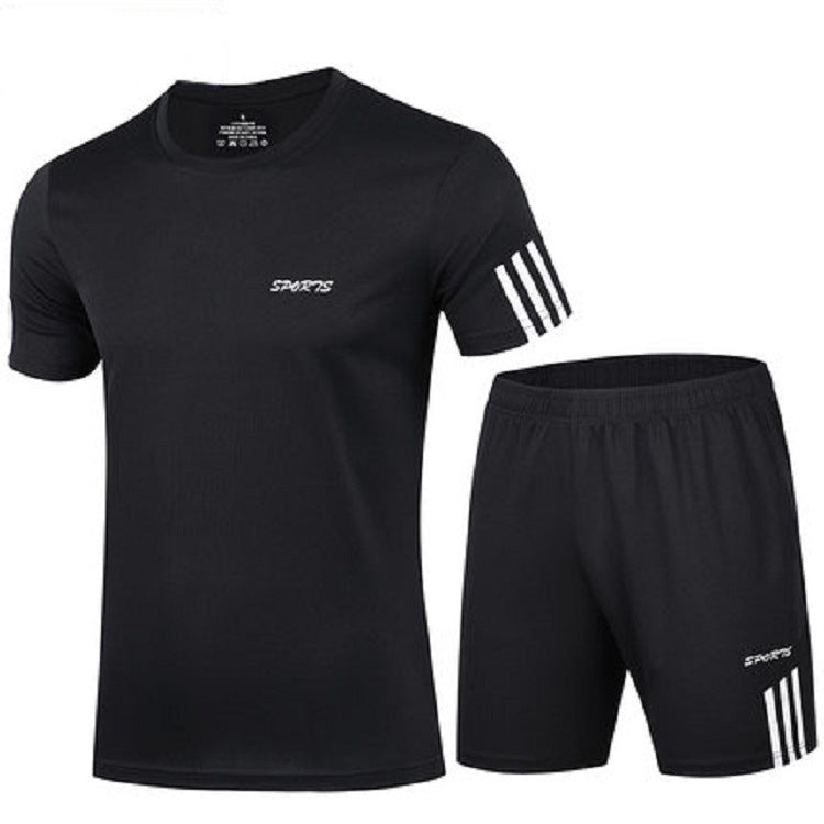 Men's IBG quick-dry sports T-shirt and training shorts for fitness and outdoor activities, shown in a dynamic workout pose