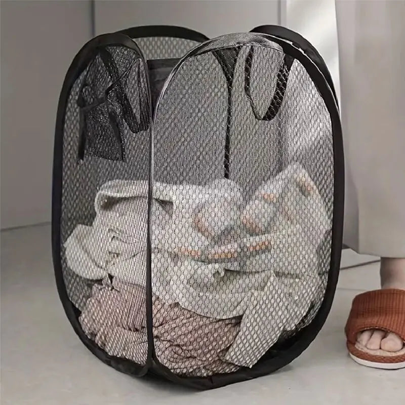 Large foldable mesh laundry basket by IBG, pop-up storage hamper with breathable mesh design for home essentials.