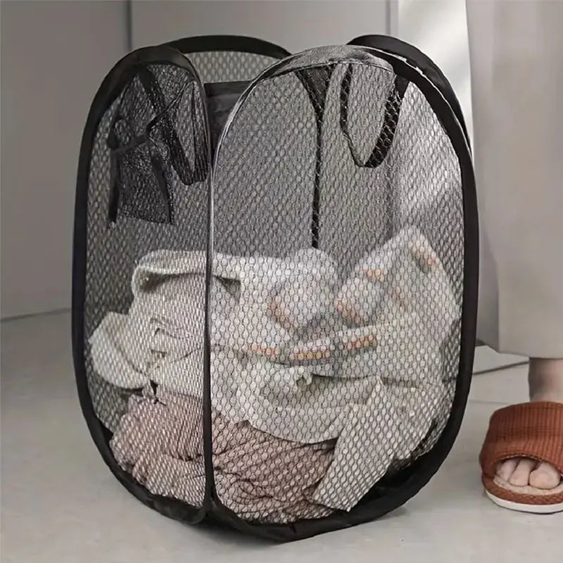 Large foldable mesh laundry basket by IBG, a pop-up storage hamper for organizing clothes and laundry in home essentials.