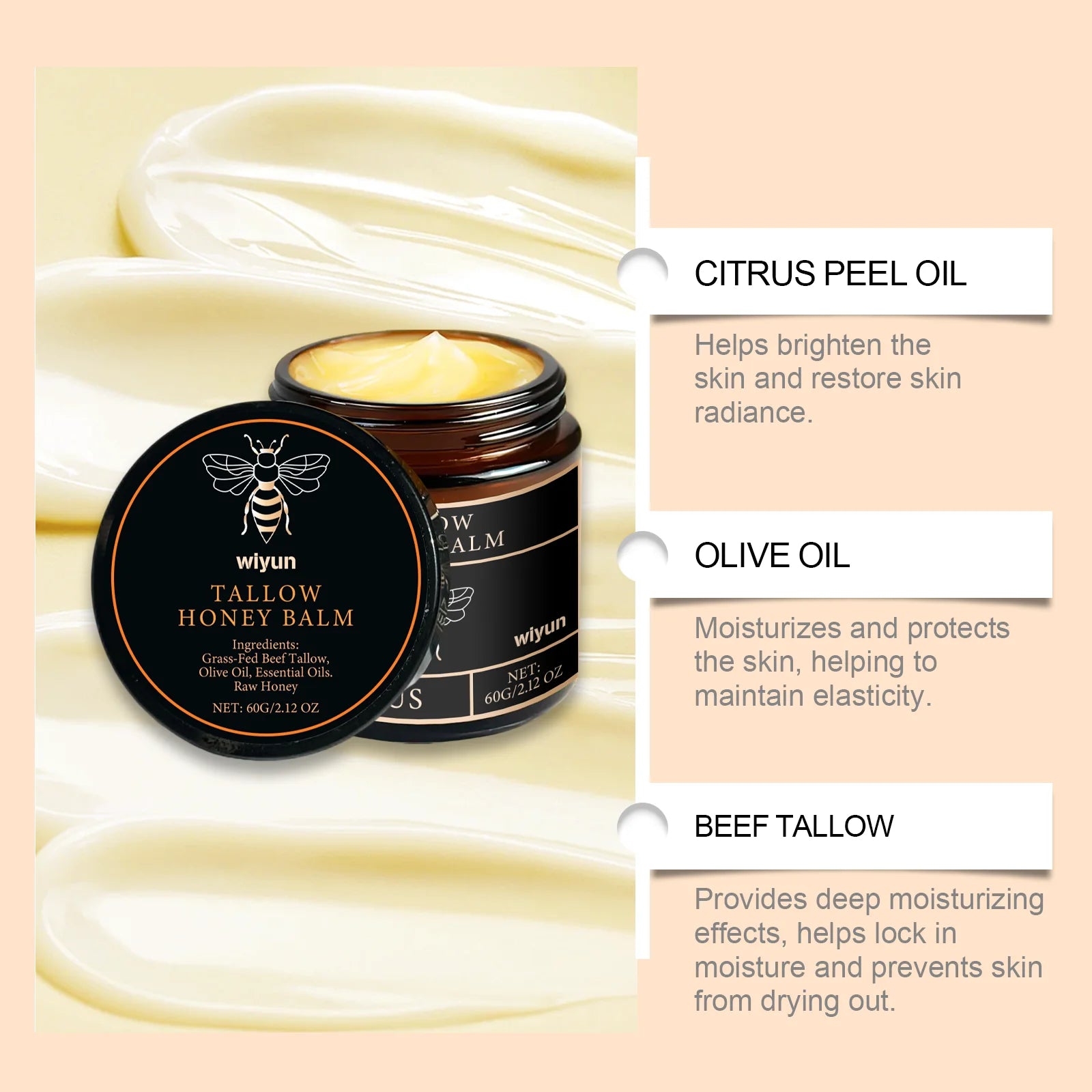 IBG Tallow Honey Moisturizer for face and body, hydrating cream with rich texture and natural ingredients in a jar.