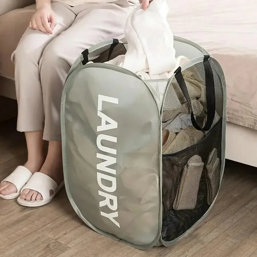 Large IBG foldable mesh laundry basket with handles, pop-up design for easy storage and organization in home essentials.